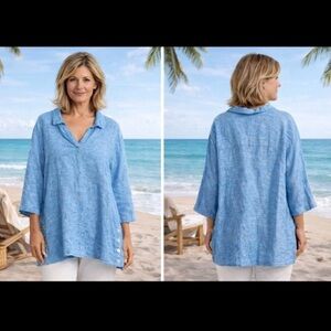 Tahari Women’s 100% Linen Vneck Sky Blue Tunic Minimalist 3/4Sleeves Top Sz 3x